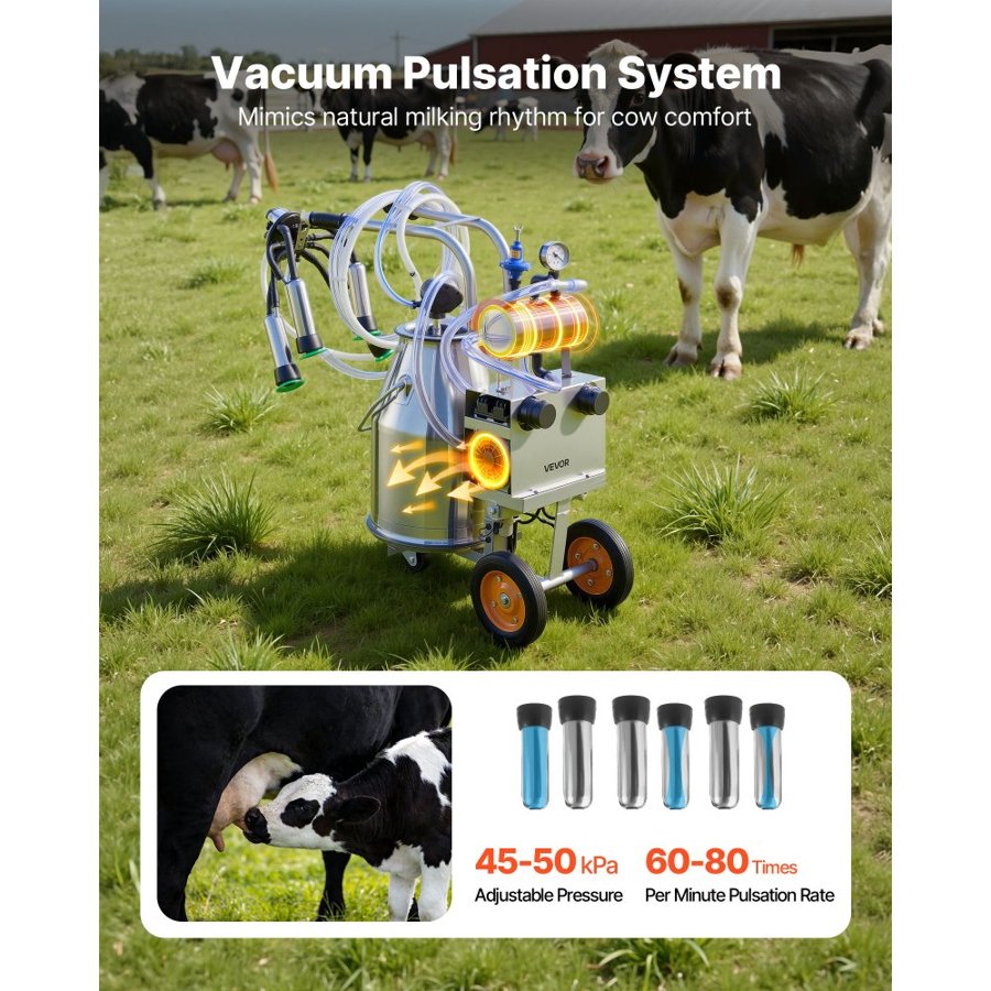 VEVOR Electric Cow Milking Machine, 6.6 Gal / 25 L 304 Stainless Steel Bucket, Food-Grade Teat Cups and Silicone Hose, Strong Suction, Vacuum Pulsation, Electric Milker Machine with Wheels for Cow