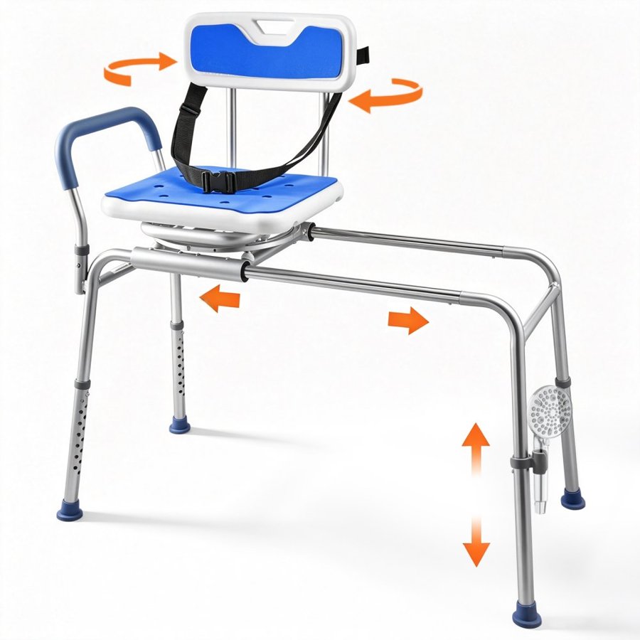 VEVOR Sliding Shower Chair, 400 lbs Tub Transfer Bench for Bathtub with Swivel Seat, Padded Shower Bench with Arms and Backrest, Height Adjustable for Handicap, Adults, Seniors, Elderly and Disabled