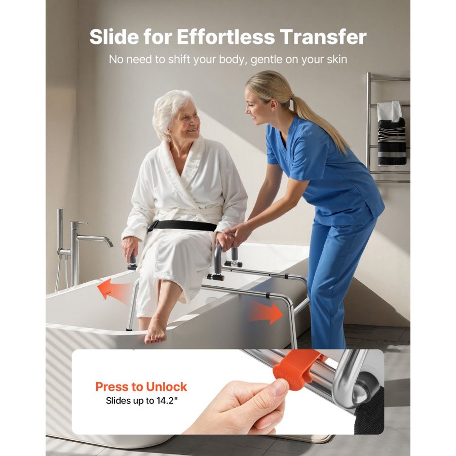 VEVOR Sliding Shower Chair, 180 kg Tub Transfer Bench for Bathtub with Swivel Seat, Shower Bench with Pivoting Arms and Backrest, Height & Width Adjustable for Handicap, Seniors, Elderly and Disabled