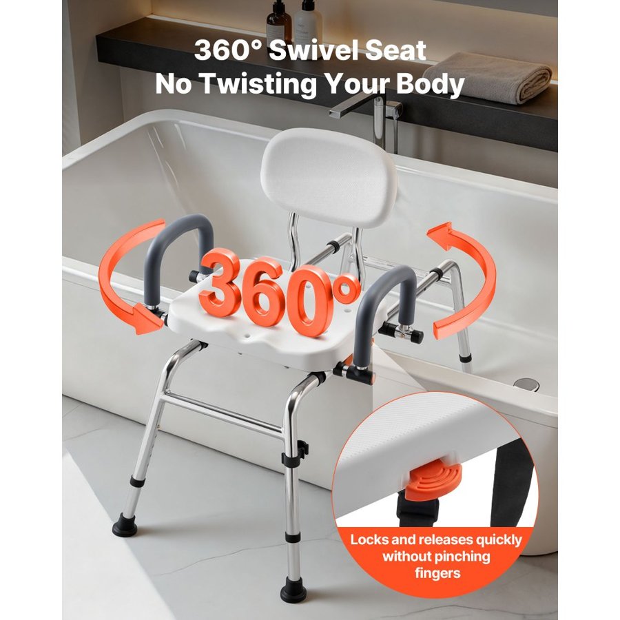 VEVOR Sliding Shower Chair, 180 kg Tub Transfer Bench for Bathtub with Swivel Seat, Shower Bench with Pivoting Arms and Backrest, Height & Width Adjustable for Handicap, Seniors, Elderly and Disabled