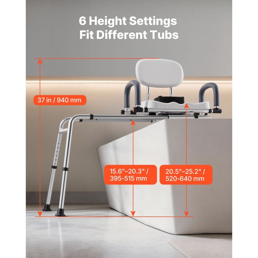 VEVOR Sliding Shower Chair, 180 kg Tub Transfer Bench for Bathtub with Swivel Seat, Shower Bench with Pivoting Arms and Backrest, Height & Width Adjustable for Handicap, Seniors, Elderly and Disabled