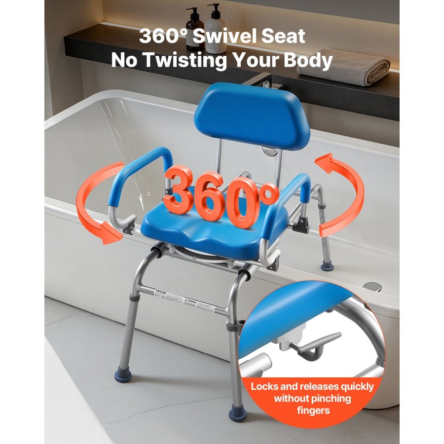 VEVOR Sliding Shower Chair, 330 lbs Tub Transfer Bench for Bathtub with Swivel Seat, Padded Shower Bench with Pivoting Arms and Backrest, Height Adjustable for Handicap, Seniors, Elderly and Disabled