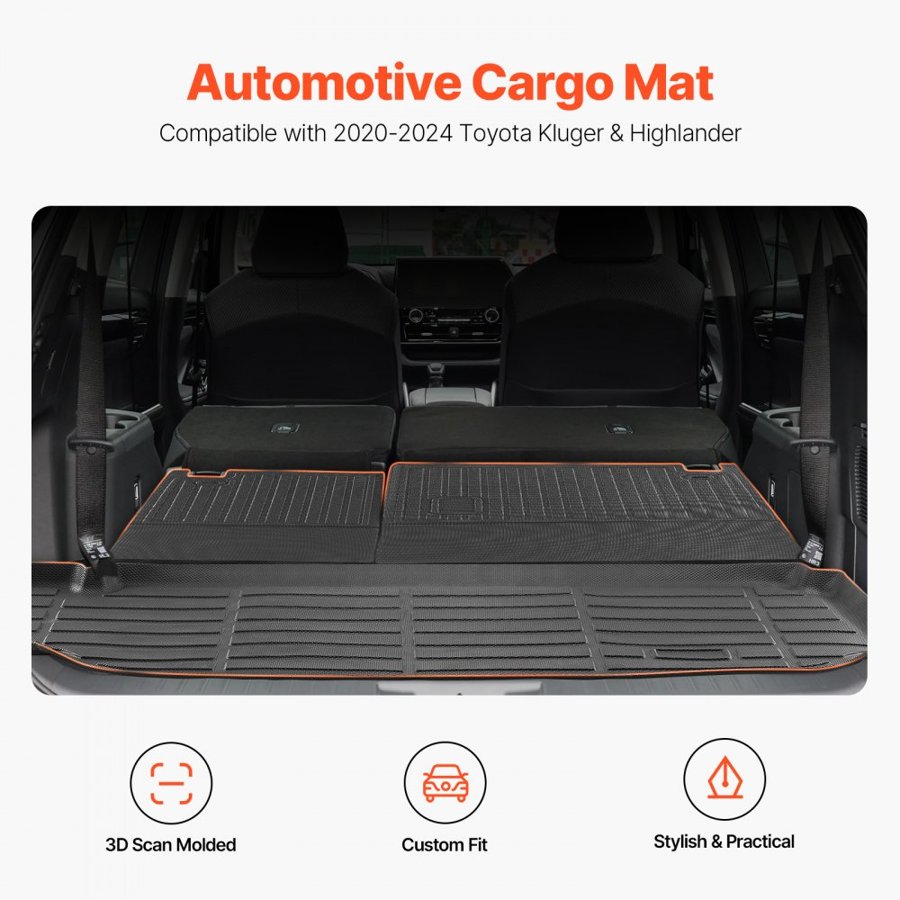 VEVOR Cargo Mats Compatible with Toyota Kluger & Highlander 2020-2024, Custom Fit TPE Cargo Liner Set for SUVs, Trunk and Rear Back Seat Protector Replacement, Trunk Mat and Backrest Mats