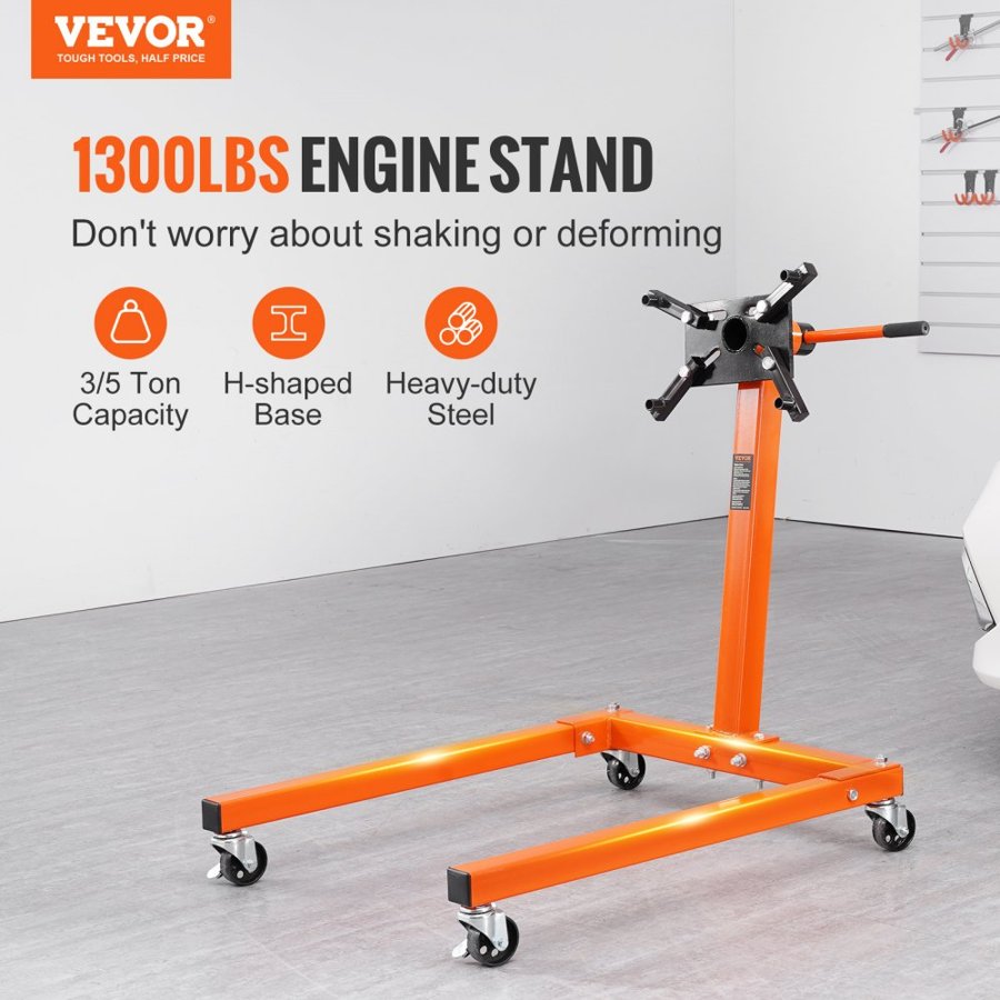 VEVOR Engine Stand, 1300 LBS Rotating Engine Stand with 360 Degree Adjustable Head, Steel Engine Block Stand with Tray, 4-Caster, 4 Adjustable Arms, for Vehicle Maintenance