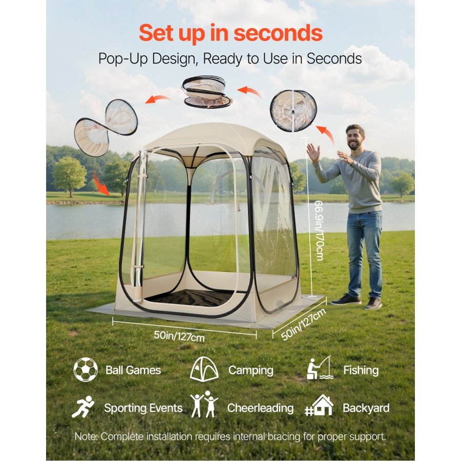 VEVOR Pop up Sports Tent, 1.27x1.27 m Clear Bubble Tent for 1 Person, Waterproof Outdoor Pod with Floor Mat & Top Cover, Garden Igloo Dome Tents Camping Shelter for Events Fishing Cheering