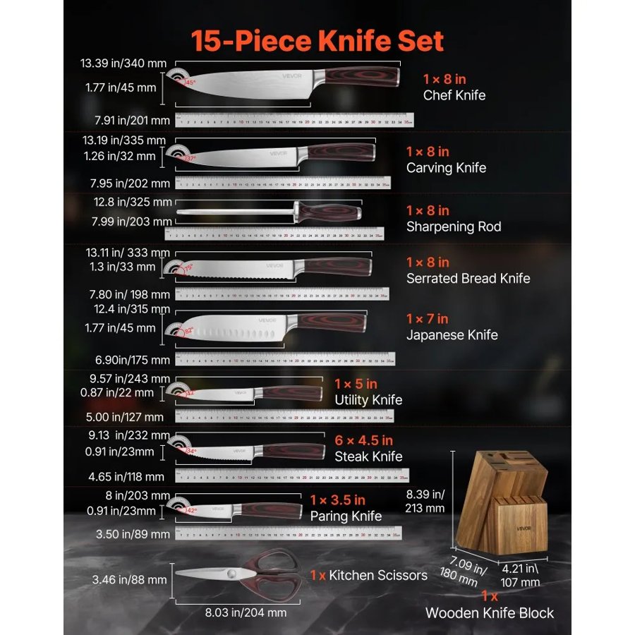 VEVOR Kitchen Knife Set With Block – 15-Piece, 7CR, 17MOV