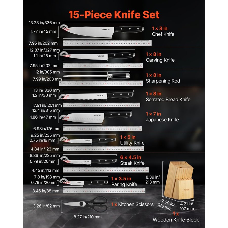VEVOR Kitchen Knife Set Block – 15-Piece, 3CR13 Steel