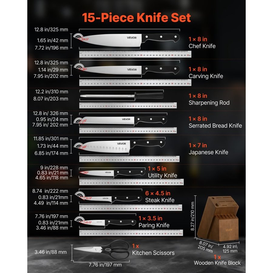VEVOR Carbon Steel Knife Set – 15Pcs, 5CR15MOV, 4.5 Knives