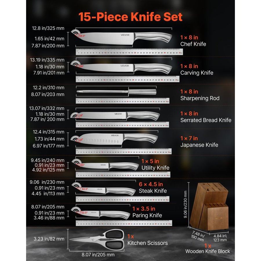 VEVOR Kitchen Knife Block Set – 15-Pieces, German Steel