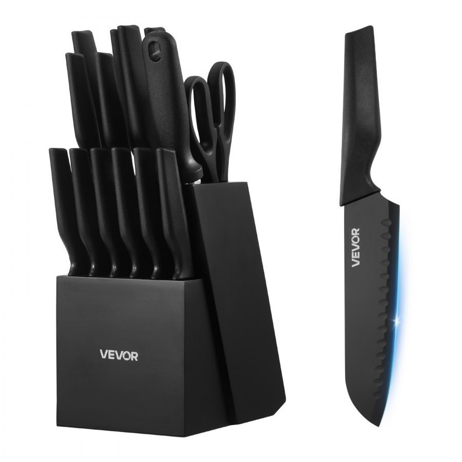 VEVOR Kitchen Knife Set with Block and Sharpener – 15 Pc