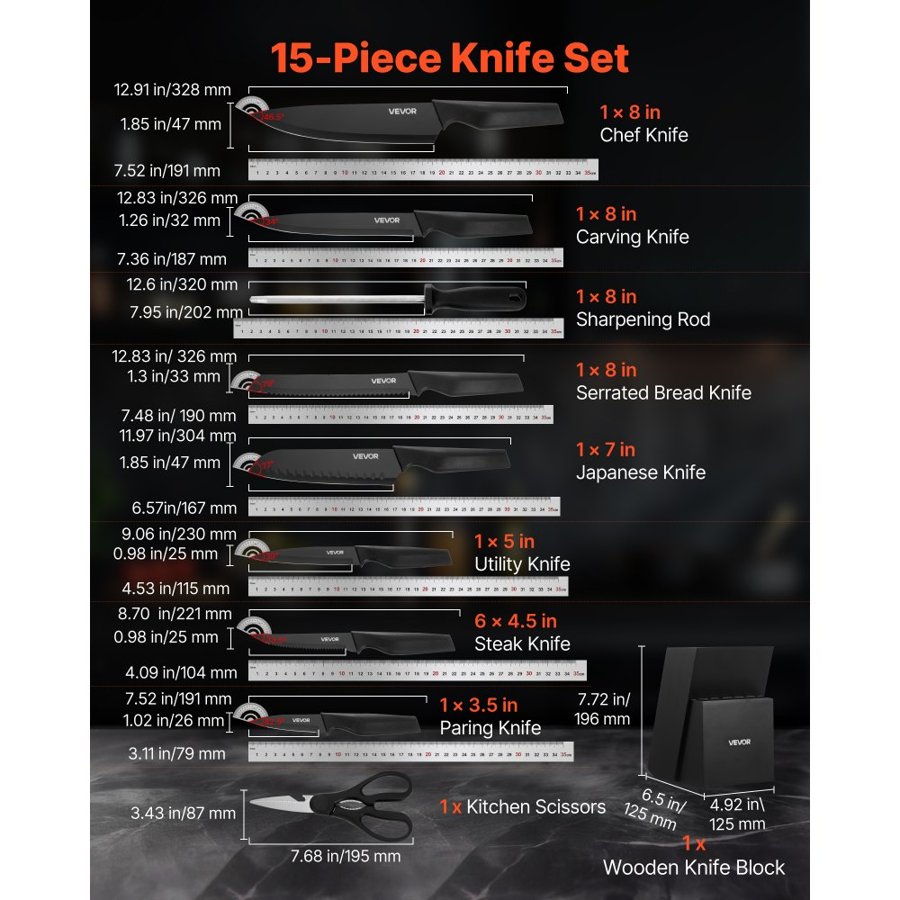 VEVOR Kitchen Knife Set with Block and Sharpener – 15 Pc