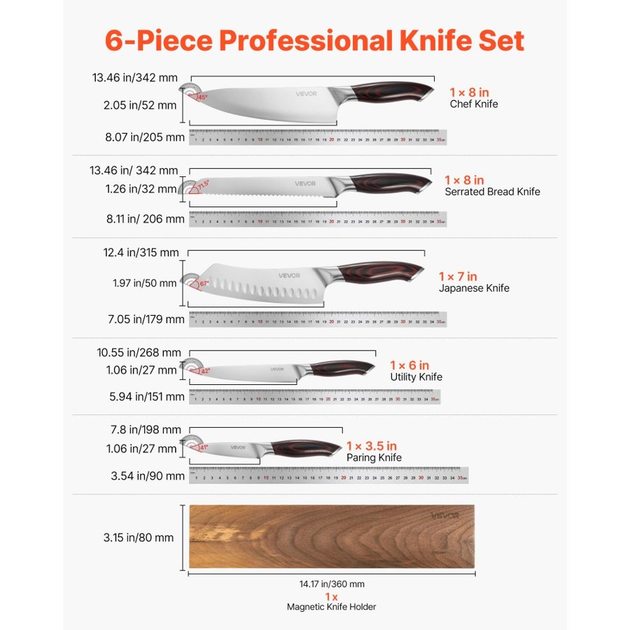 VEVOR 6 Piece Kitchen Knife Set – 5 Knives, 8 Inch