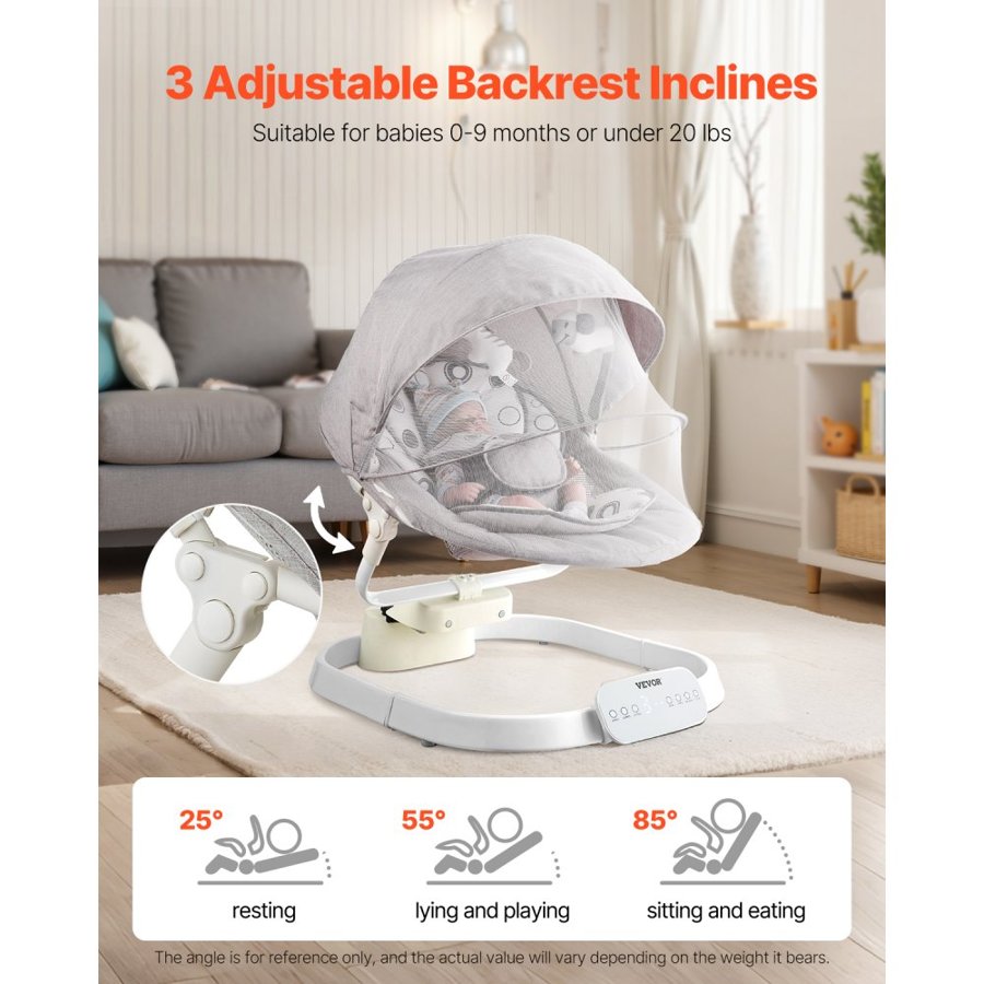 VEVOR Baby Swing, Baby Rocker for Infant with 3 Speeds & 3 Seat Positions, IMD Touch Panel, Remote Control, Bluetooth & 10 Preset Lullabies, Portable Infant Swing for 0-9 Month Boys Girls up to 20lbs