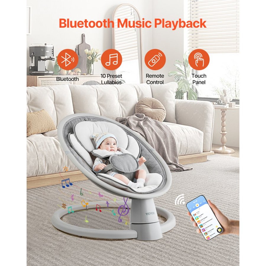 VEVOR Baby Swing, 5-Speed Baby Rocker Swing, Portable Infant Swing with Remote Control, Touch Panel, Bluetooth Music, 10 Preset Lullabies & 5-Point Safety Harness for 0-9 Month Boys Girls Up to 20lbs
