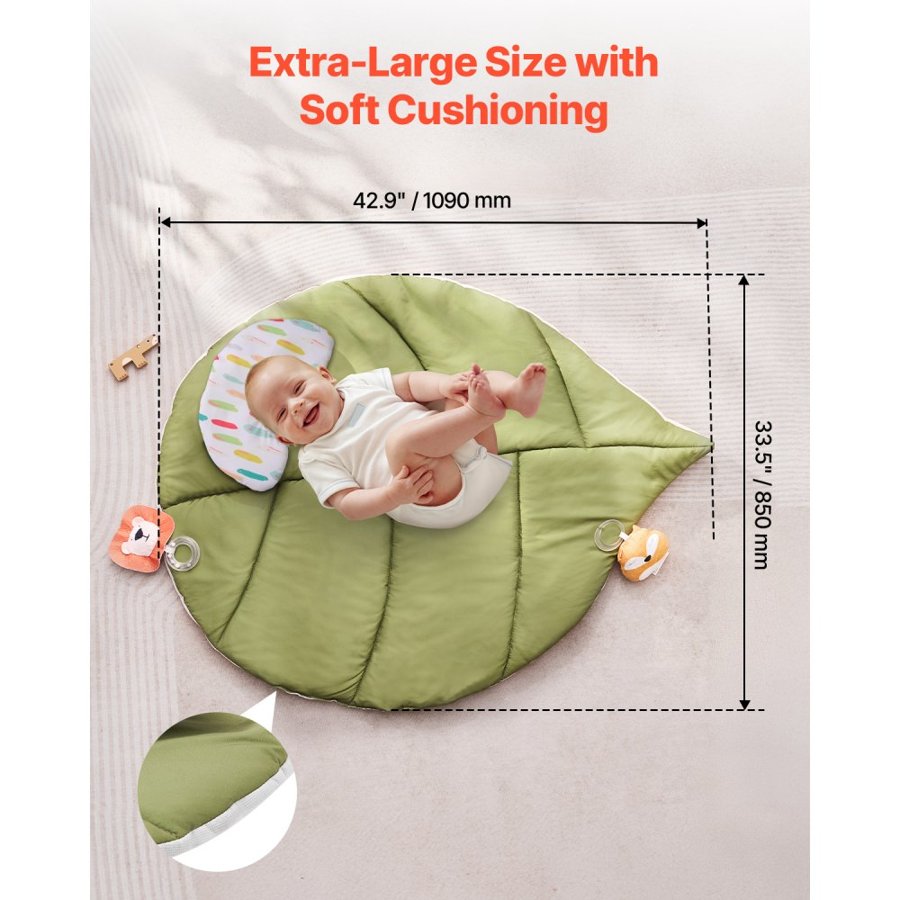 VEVOR Baby Play Gym Mat, Baby Activity Mat with 6 Sensory Toys, Oversize Leaf-Shaped Tummy Time Mat for 0-18 Months Newborn Infant, Baby Essential Gift for Motor Skills & Early Cognitive Development