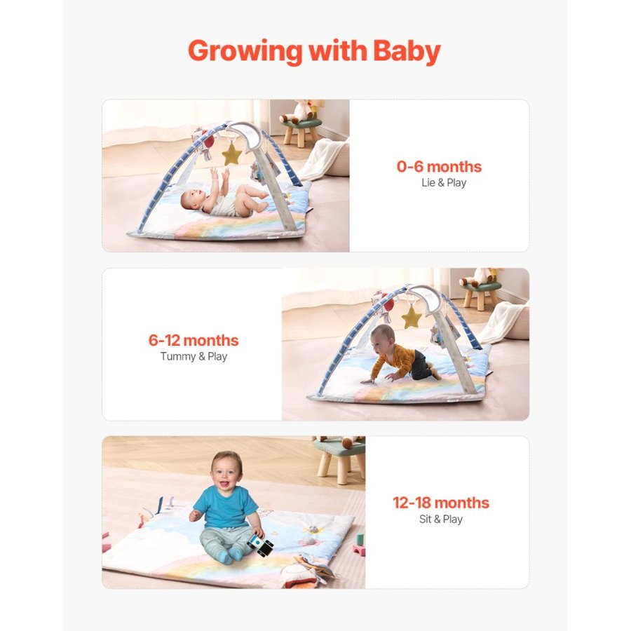 VEVOR Baby Play Gym Mat, Tummy Time Mat with 6 Sensory Toys, Baby Activity Mat with Light-up Musical Rocket Toy for 0-18 Month Newborn Infant, Baby Essential Gift for Sensory & Motor Skill Development
