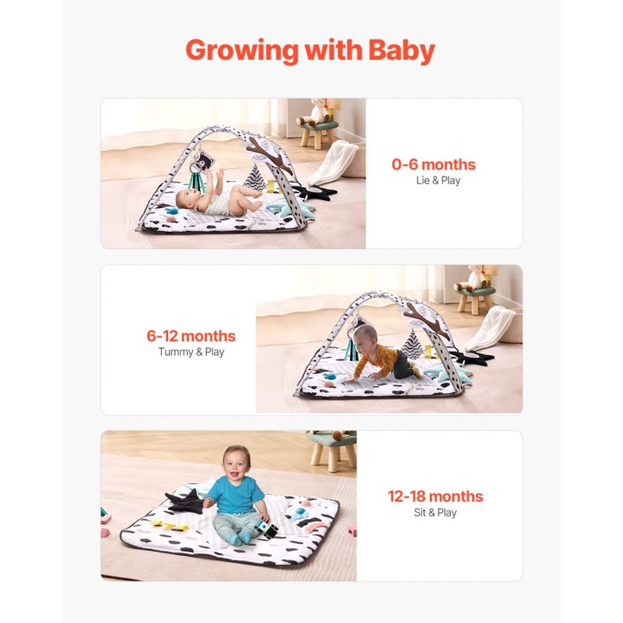 VEVOR Baby Play Gym Mat, Tummy Time Mat with 6 Sensory Toys, Baby Activity Mat with 2 Touch Balls & Soft Fabric for Sensory & Motor Skill Development, Baby Essential Gift for 0-18 Month Newborn Infant
