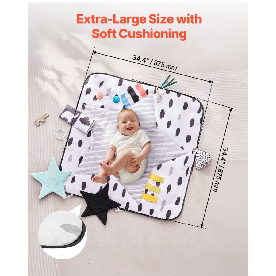 VEVOR Baby Play Gym Mat, Tummy Time Mat with 6 Sensory Toys, Baby Activity Mat with 2 Touch Balls & Soft Fabric for Sensory & Motor Skill Development, Baby Essential Gift for 0-18 Month Newborn Infant