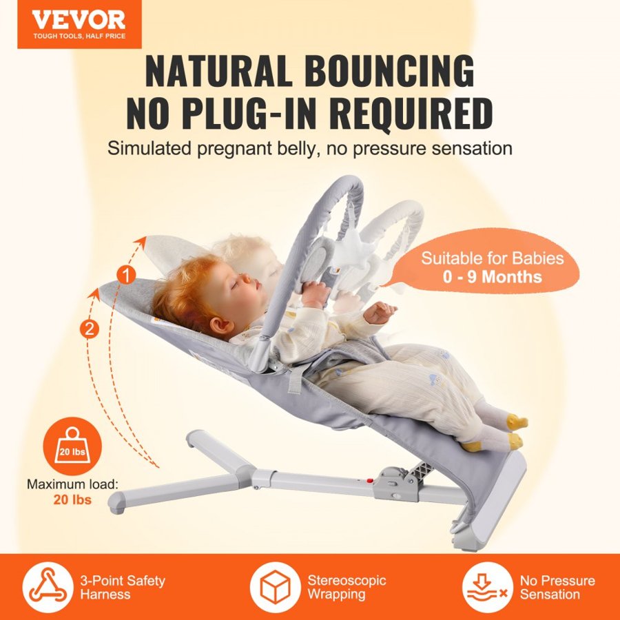 VEVOR Baby Bouncer, Folding Bouncer Seat for Babies 0-9 Months, Newborn Bouncer Chair with 2 Reclining Angles & Rotatable Toy Bar, Portable Infant Rocker with Travel Bag for Indoor Outdoor, Light Gray
