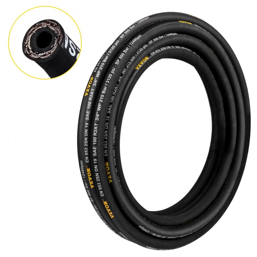 VEVOR Hydraulic Hose 1/4 inch x 328 ft, Coiled Hydraulic Hose 5800 PSI, Rubber Hydraulic Hose with 2 High-Tensile Steel Wire Braid, Bulk Hydraulic Hose -20℃ to 140℃, Hydraulic Oil Flexible Hose