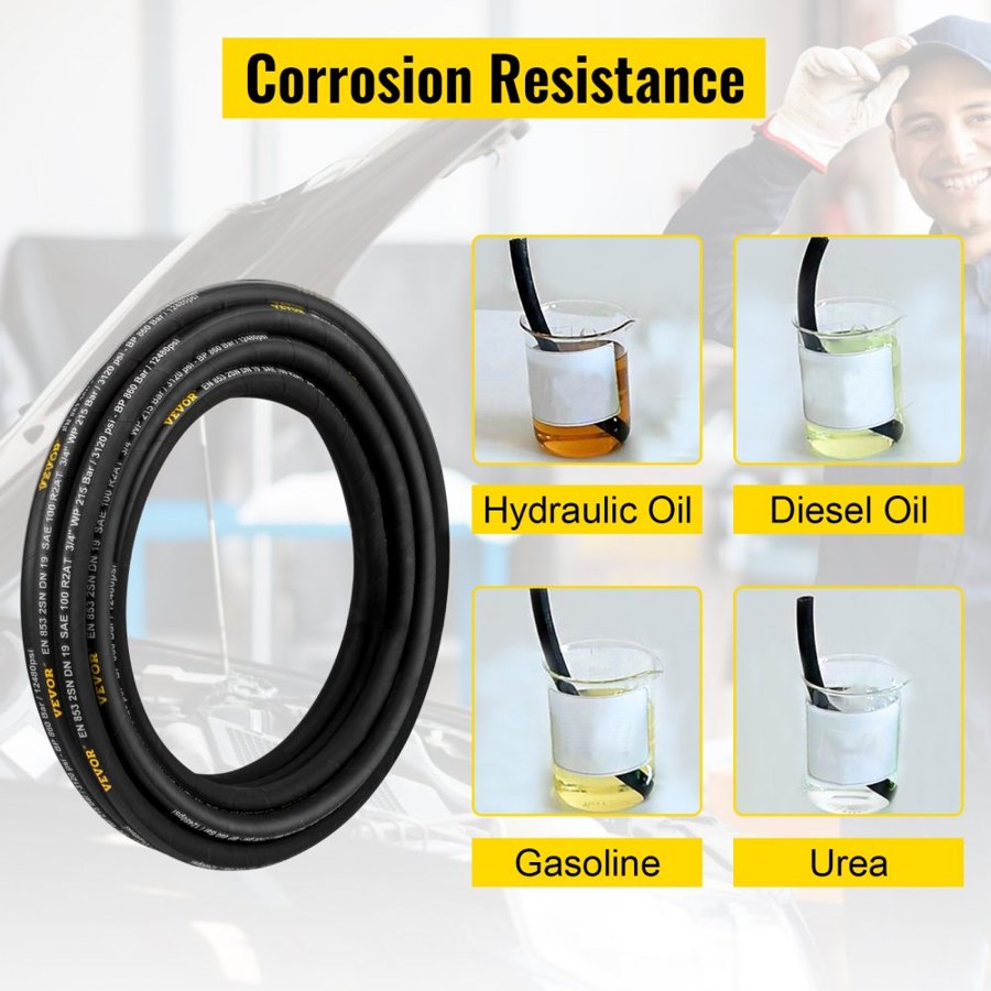 VEVOR Hydraulic Hose 1/4 inch x 328 ft, Coiled Hydraulic Hose 5800 PSI, Rubber Hydraulic Hose with 2 High-Tensile Steel Wire Braid, Bulk Hydraulic Hose -20℃ to 140℃, Hydraulic Oil Flexible Hose