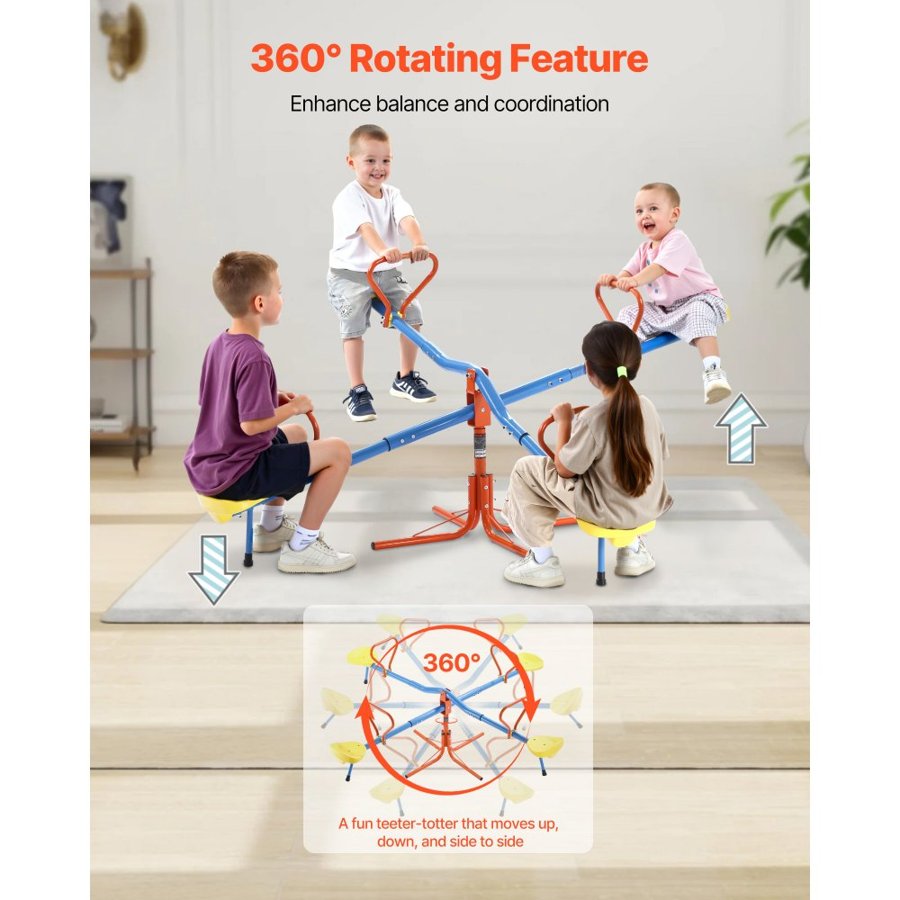 VEVOR Kids Seesaw, 49.9 kg Load Capacity per Seat, Sit and Spin Teeter Totter with 4-prong Support Legs, Kids Outdoor Playground Equipment, Swiveling 360 Degrees Rotating for Children Aged 3+, 4 Seats