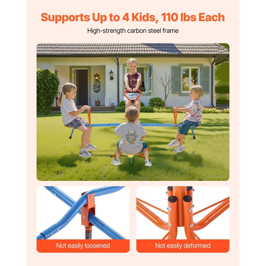 VEVOR Kids Seesaw, 49.9 kg Load Capacity per Seat, Sit and Spin Teeter Totter with 4-prong Support Legs, Kids Outdoor Playground Equipment, Swiveling 360 Degrees Rotating for Children Aged 3+, 4 Seats