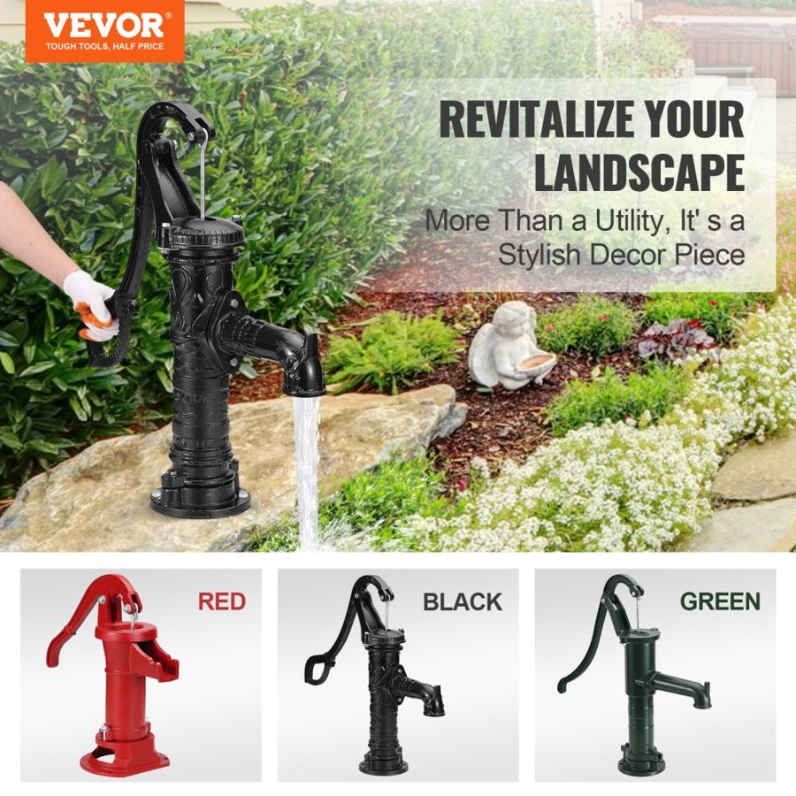 VEVOR Antique Well Hand Pitcher Pump, 6.7 m(22ft) Maximum Lift, Cast Iron Manual Hand Water Pump with Ergonomic Handle NPT31.8 mm(1-1/4") Easy Installation, Old Fashioned for Outdoor Home Yard Garden Pond Farm, Black