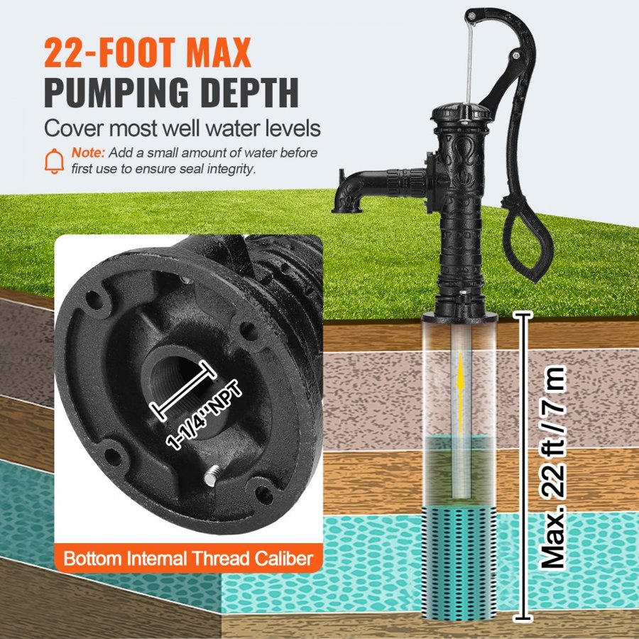 VEVOR Antique Well Hand Pitcher Pump, 6.7 m(22ft) Maximum Lift, Cast Iron Manual Hand Water Pump with Ergonomic Handle NPT31.8 mm(1-1/4") Easy Installation, Old Fashioned for Outdoor Home Yard Garden Pond Farm, Black
