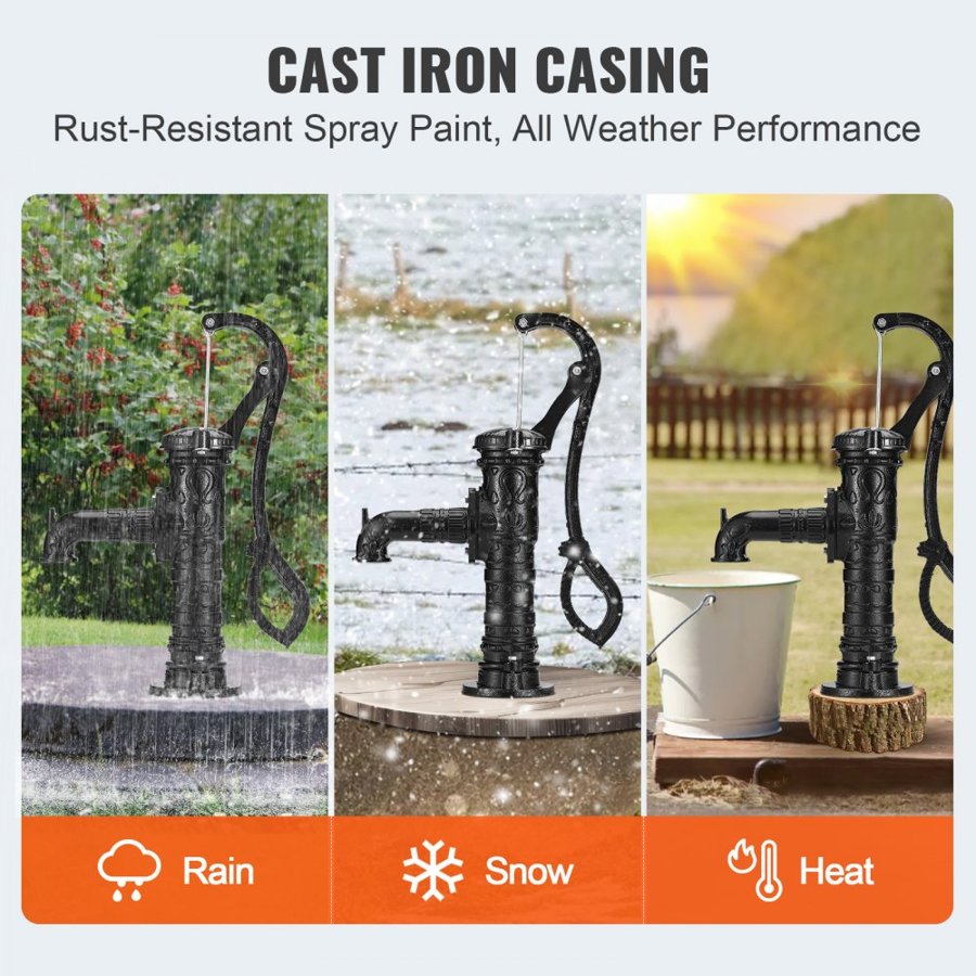VEVOR Antique Well Hand Pitcher Pump, 6.7 m(22ft) Maximum Lift, Cast Iron Manual Hand Water Pump with Ergonomic Handle NPT31.8 mm(1-1/4") Easy Installation, Old Fashioned for Outdoor Home Yard Garden Pond Farm, Black