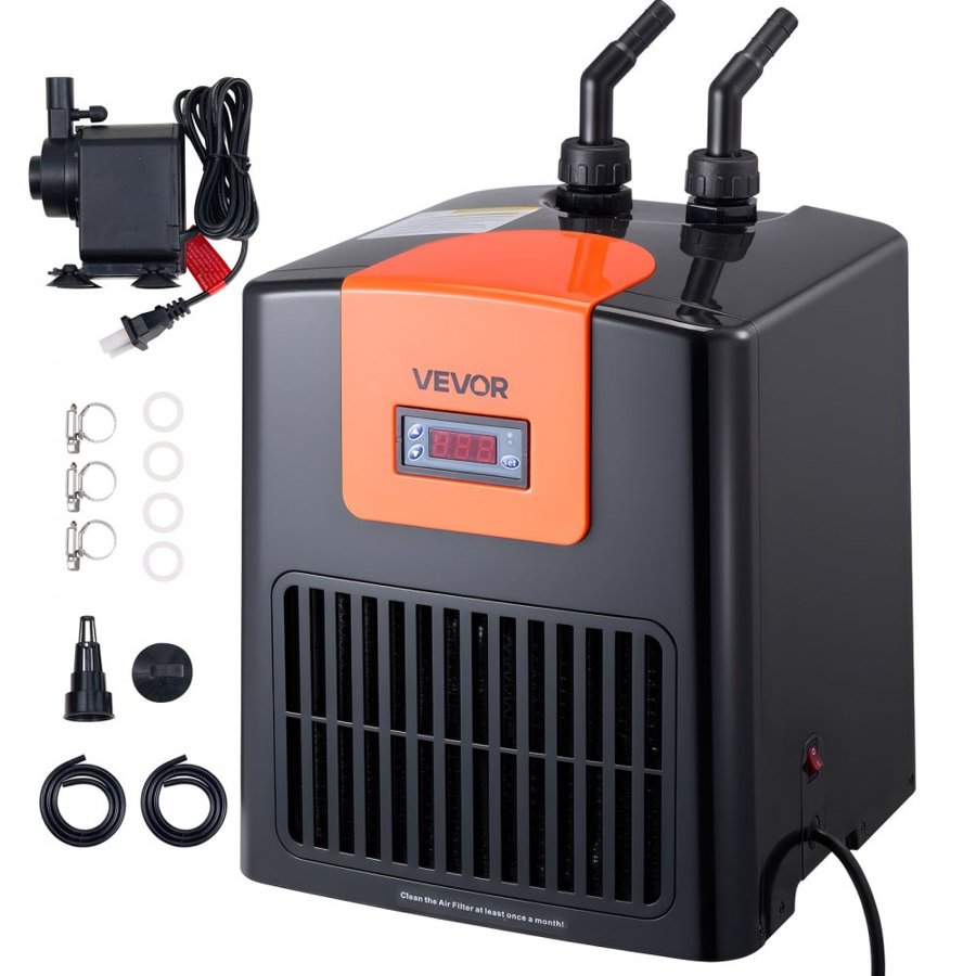 VEVOR Aquarium Chiller 200L, 0.1 HP Water Chiller for Hydroponics, Fast Cooling for Fish Tank,Axolotl,Coral Reef,Quiet Refrigeration Compressor, Titanium Evaporator,Complete Fittings