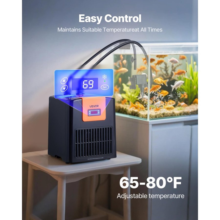 VEVOR Aquarium Chiller 200L, 0.1 HP Water Chiller for Hydroponics, Fast Cooling for Fish Tank,Axolotl,Coral Reef,Quiet Refrigeration Compressor, Titanium Evaporator,Complete Fittings