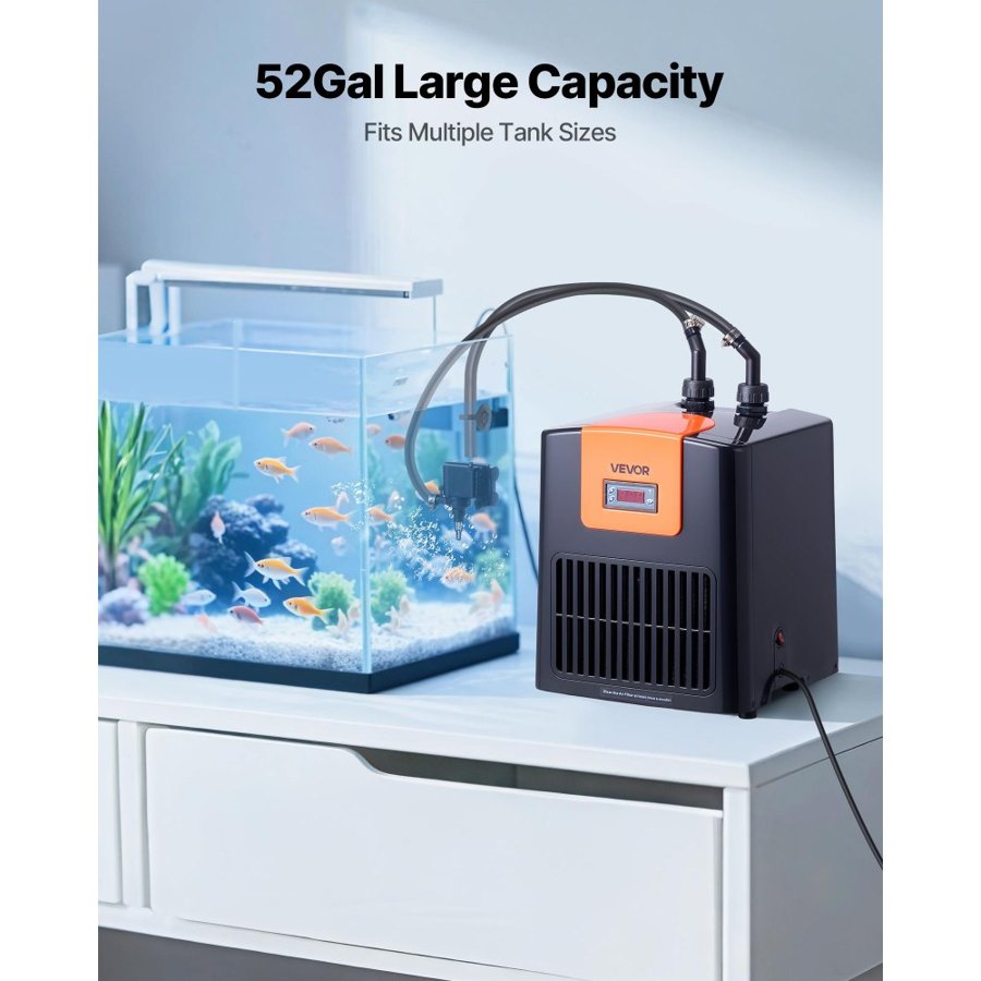 VEVOR Aquarium Chiller 200L, 0.1 HP Water Chiller for Hydroponics, Fast Cooling for Fish Tank,Axolotl,Coral Reef,Quiet Refrigeration Compressor, Titanium Evaporator,Complete Fittings