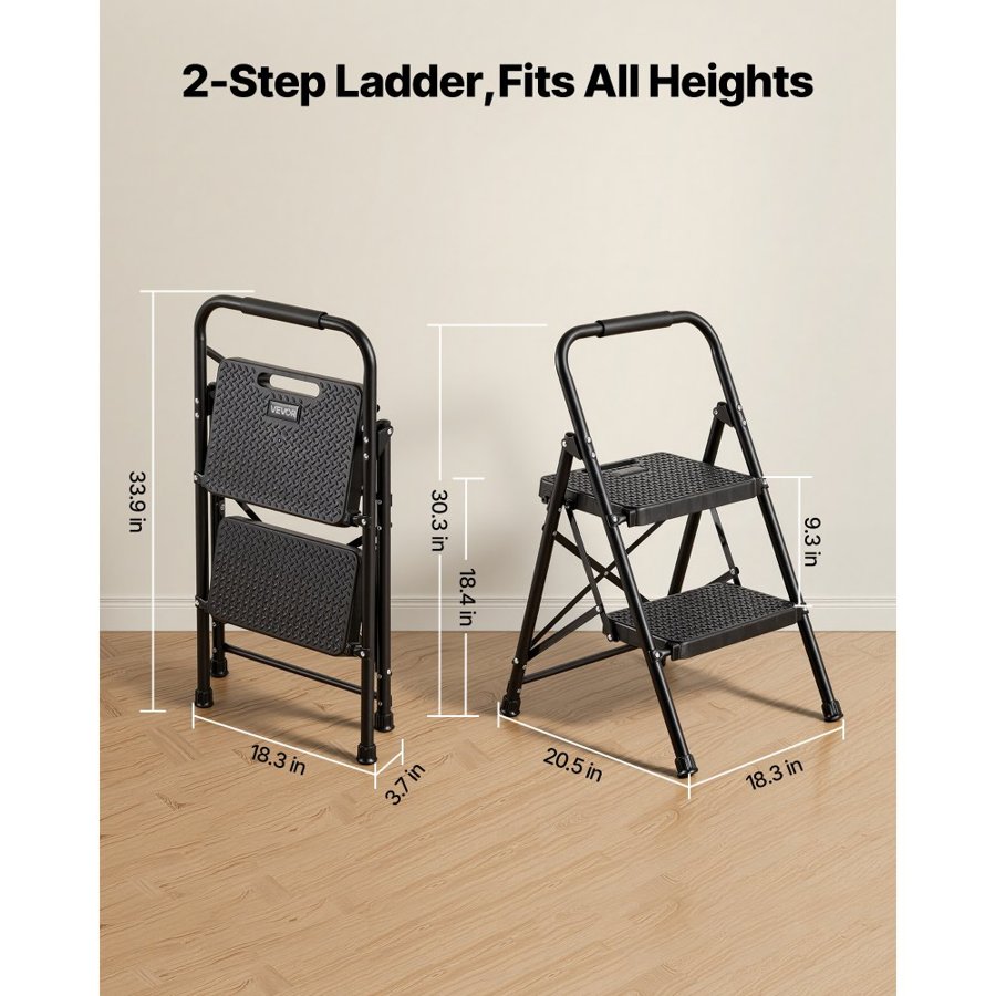 VEVOR 2 Step Folding Ladder – 600 lbs, Anti-Slip Pedal
