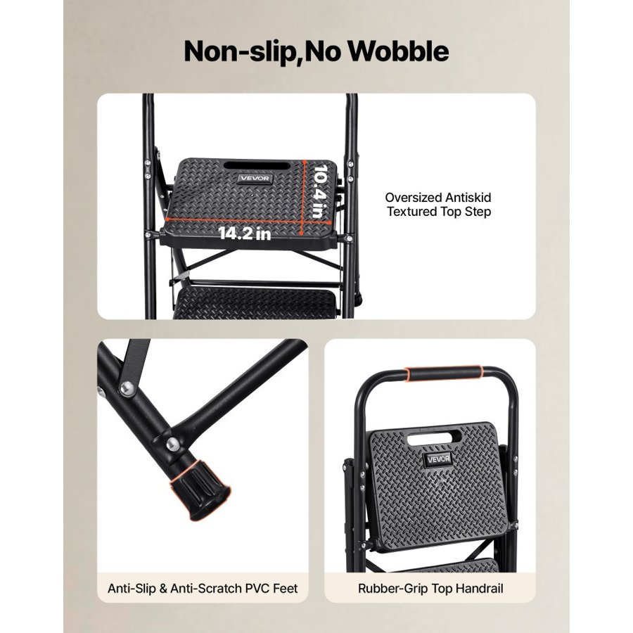 VEVOR 2 Step Folding Ladder – 600 lbs, Anti-Slip Pedal