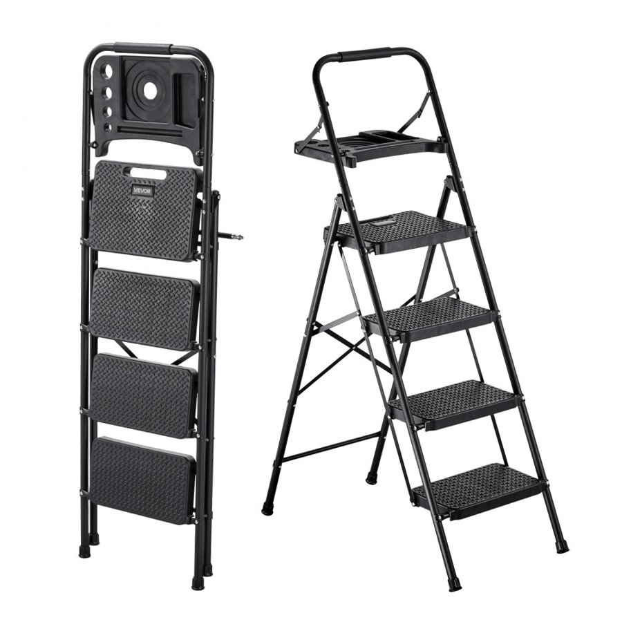 VEVOR 4 Step Folding Ladder – 272 kg, Tool Tray, EN131 Steel