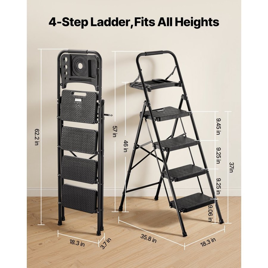 VEVOR 4 Step Folding Ladder – 272 kg, Tool Tray, EN131 Steel