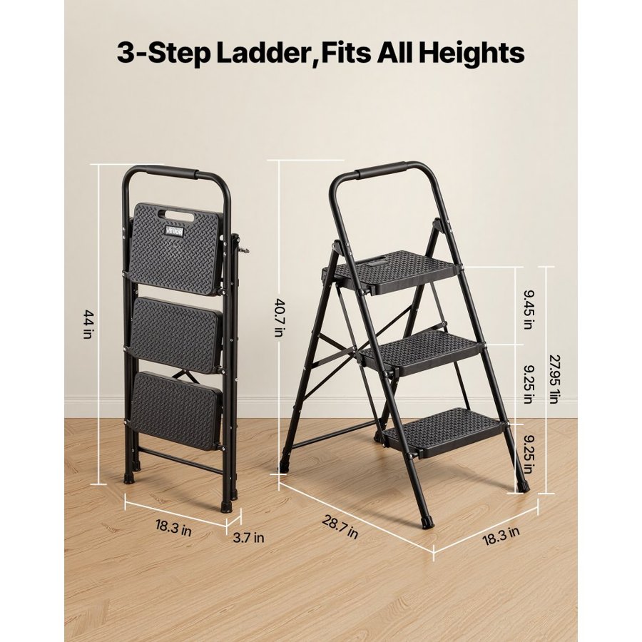VEVOR 3 Step Folding Ladder – 13.3 lbs, EN131, Steel + PP