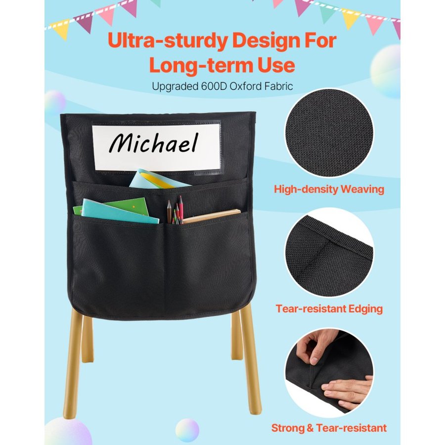 VEVOR Chair Pockets for Classroom, 24 Pack, 14 x 15 Inches Chairback Buddy Pocket with Name Tag, Back of Chair Organizer for Kids in Classroom, Kindergarten, School, and Home, Black
