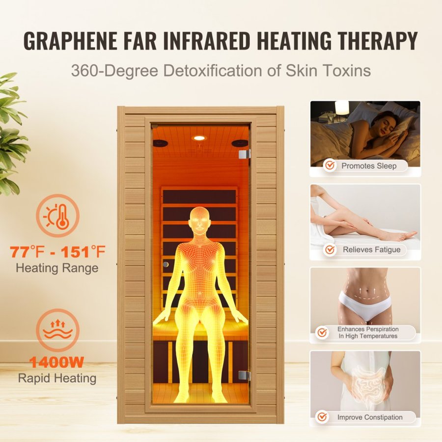 VEVOR Far Infrared Wooden Sauna, Room Home Sauna Spa for 1 to 2 Person, Low EMF Far Infrared Hemlock Wood Sauna with Tempered Glass Door & Multicolor Lamp & Bluetooth Speakers & Chromotherapy Lights,