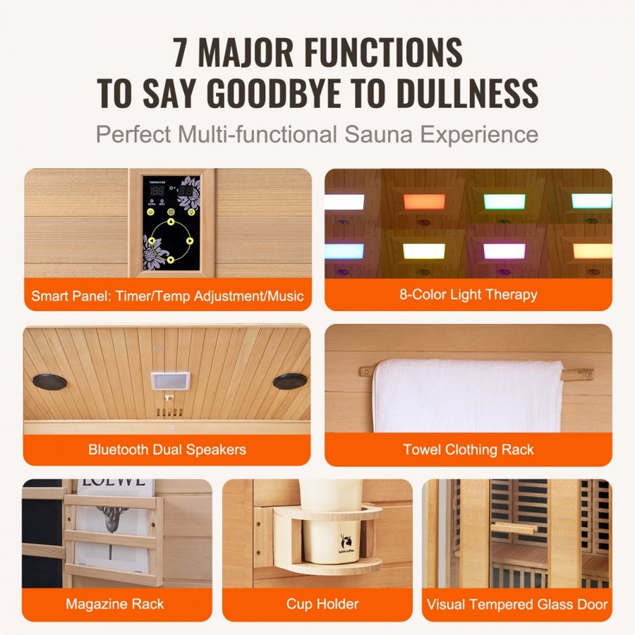 VEVOR Far Infrared Wooden Sauna, Room Home Sauna Spa for 3 to 4 Person, Low EMF Far Infrared Hemlock Wood Sauna with Tempered Glass Door & Bluetooth Speakers & Chromotherapy Lights, 2580W Indoor