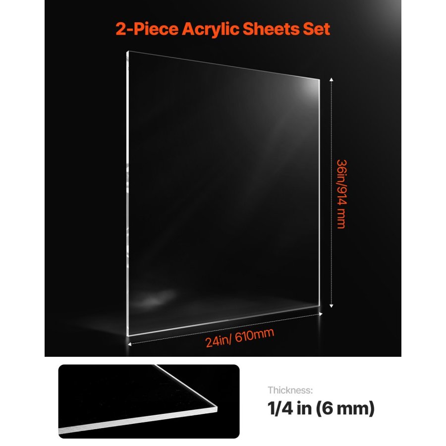 VEVOR Clear Acrylic Sheet, 2-Pack Plastic Sheets, 24 x 36 Inch 1/4 Inch Thick Clear Plastic Cast Transparent Glass for Crafting Projects, Replacement Picture Frame Glass, DIY Display, Easy to Cut