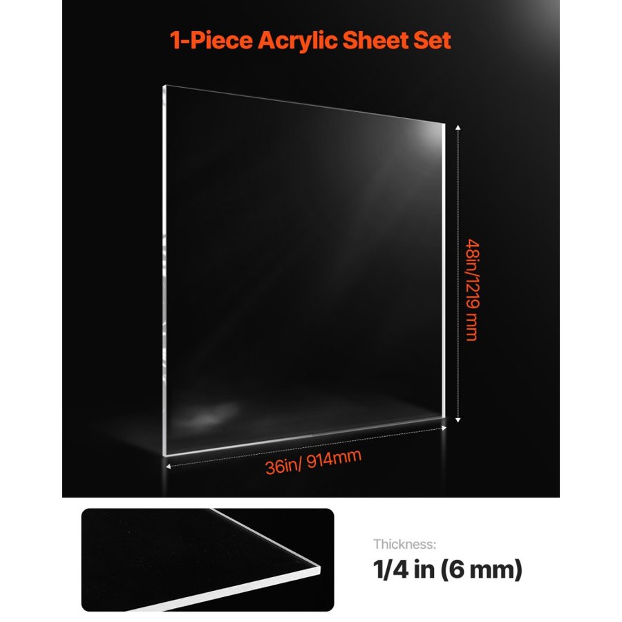 VEVOR Clear Acrylic Sheet, 1 Pack Plastic Sheet, 36 x 48 Inch 1/4 Inch Thick Clear Plastic Cast Transparent Glass for Crafting Projects, Replacement Picture Frame Glass, DIY Display, Easy to Cut
