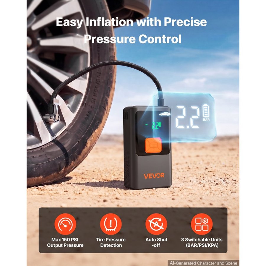 VEVOR Jump Starter with Air Compressor 4000A Peak Car Battery Jump Box, Portable for 9.0L Gas / 8.0L Diesel, 150 PSI Auto-Shutoff Tire Inflator, Power Bank, 12V Battery Charger, with LED Flashlight