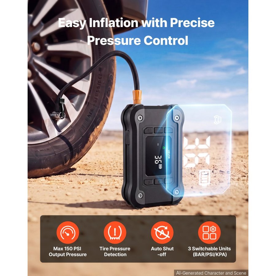 VEVOR Jump Starter with Air Compressor 8000A Peak Car Battery Jump Box, Portable for 9.0L Gas / 8.0L Diesel, 150 PSI Auto-Shutoff Tire Inflator, Power Bank, 12V Battery Charger, with LED Flashlight