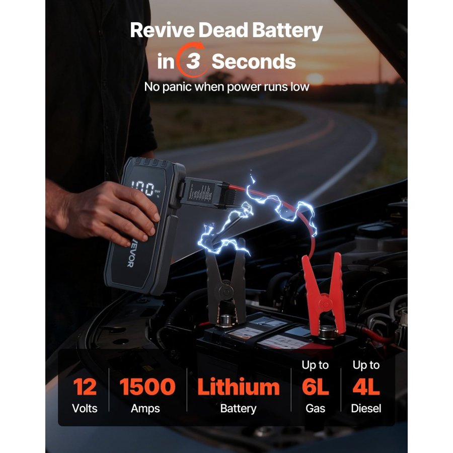 VEVOR 1500 Amp Jump Starter – 10000mAh, 500A Start, 37Wh