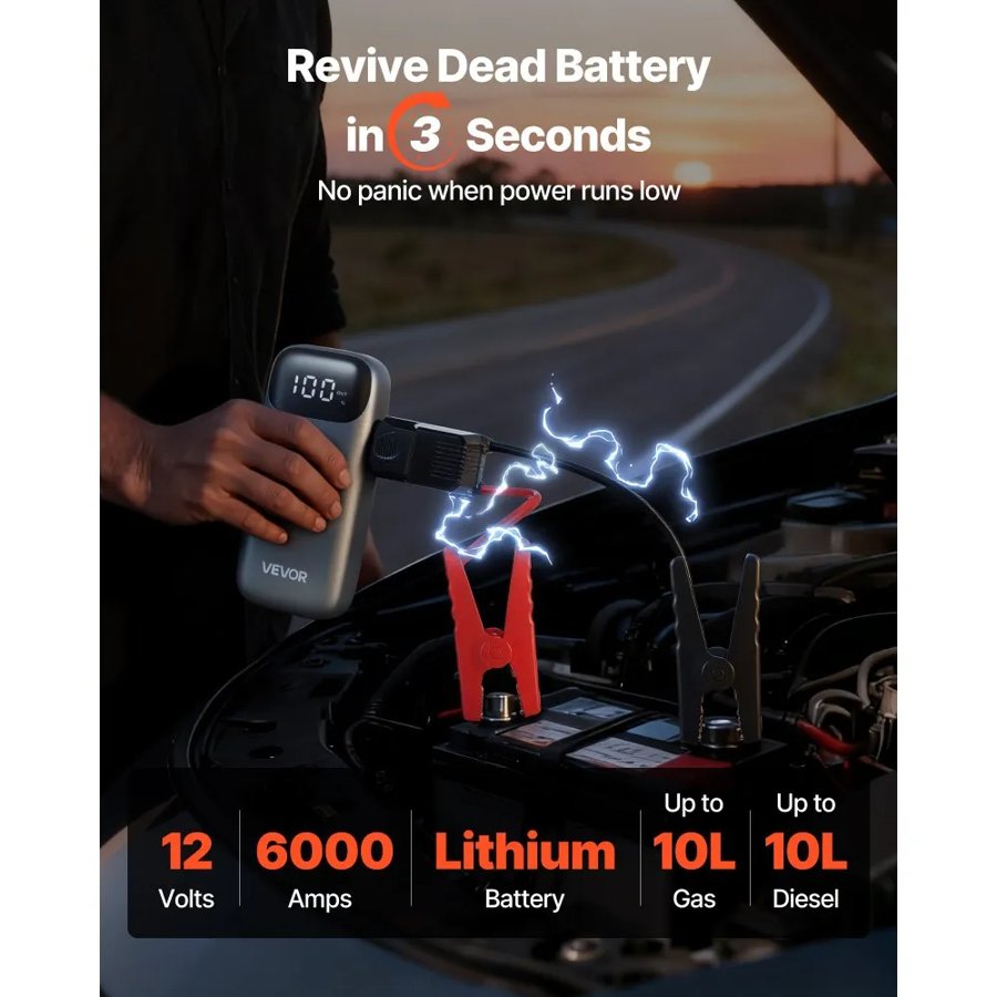 VEVOR 6000 Amp Jump Starter – 26,800 mAh, 12V Booster