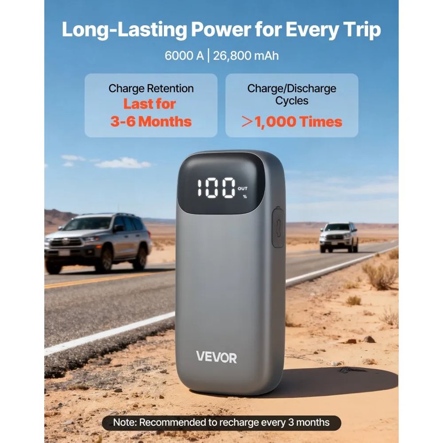 VEVOR 6000 Amp Jump Starter – 26,800 mAh, 12V Booster