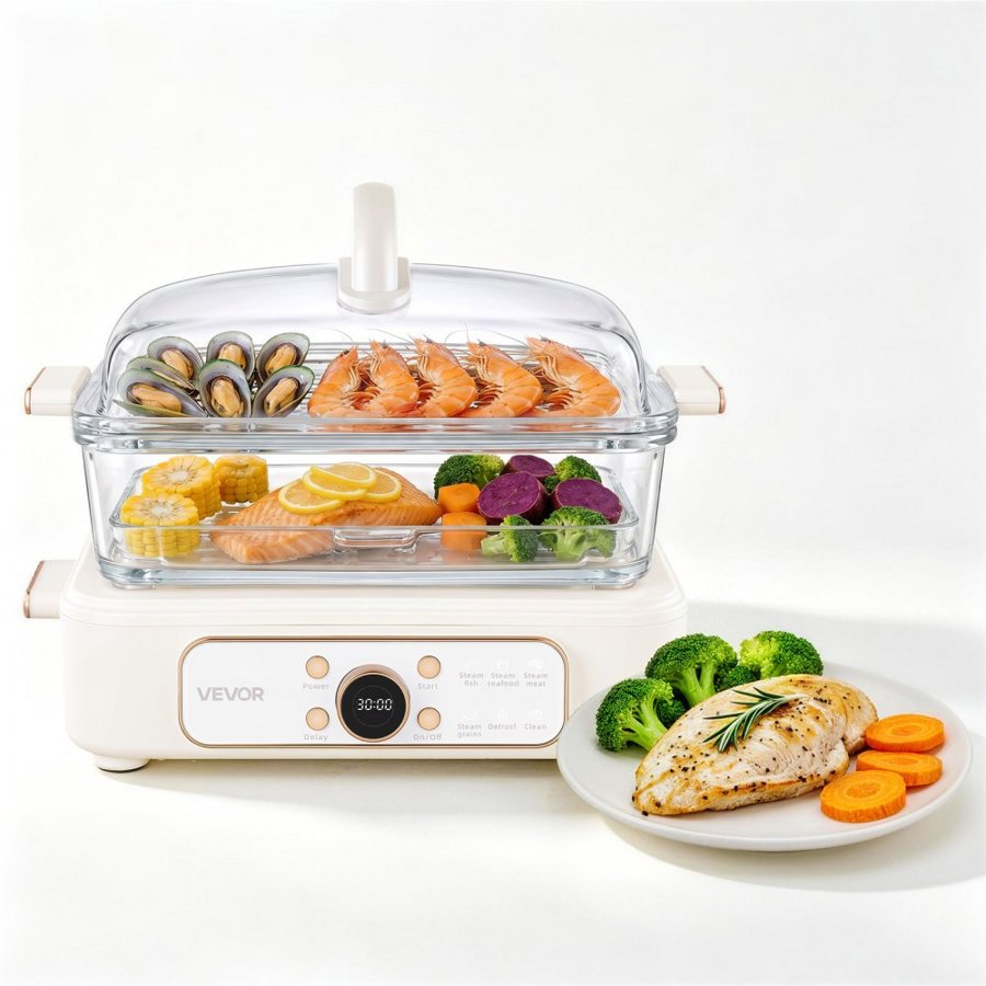 VEVOR Electric Food Steamer 6L Glass with 2-Tier Stainless Steel Trays, 1200W Vegetable Steamer for Cooking, 1-3 Servings, Pre-Programmed Settings, Delay Start, for Veggies, Seafood & Rice, White