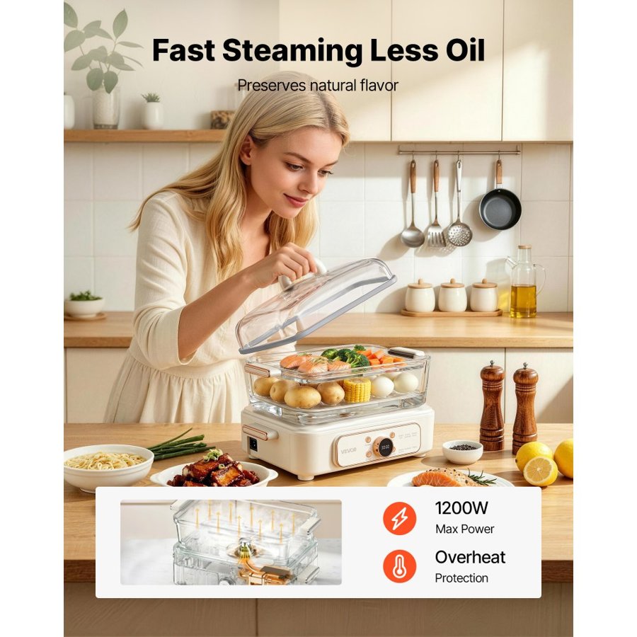 VEVOR Electric Food Steamer 6L Glass with 2-Tier Stainless Steel Trays, 1200W Vegetable Steamer for Cooking, 1-3 Servings, Pre-Programmed Settings, Delay Start, for Veggies, Seafood & Rice, White